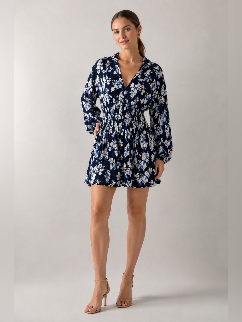 ZARA Navy Blue Floral Smocked Waist Mini Dress | Medium | NWOT